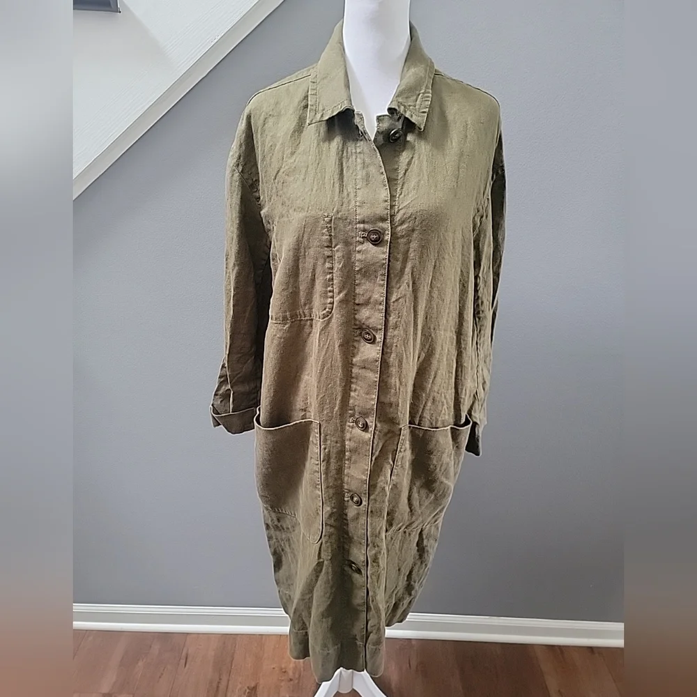 Madewell Army Green 100% Linen Oversized Long Duster Coat  BUTTON UP SMALL - Picture 2 of 6